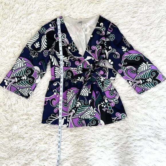 EUC Tibi Silk Paisley Navy & Purple Tie Front Tunic Top 3/4 Sleeve Sz Small - Picture 10 of 13
